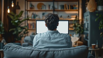 Poster - Over man shoulder view of white blank empty Mockup laptop screen for advertising