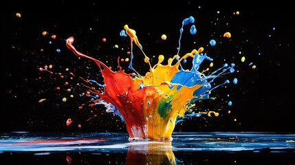 Poster - Vivid colors collide as red and blue paint explosively splatter against a dark background, showcasing the intensity of creativity in motion