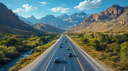 Wall Mural - Scenic highway through mountains with vehicles and greenery.