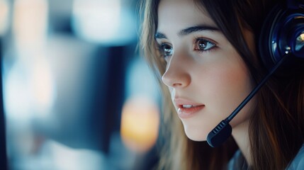 Poster - A young woman wearing a headset, focused on her work at a computer.