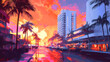 © Thiago - Illustrator art miami street. generative ai. Deco Art. Illustration