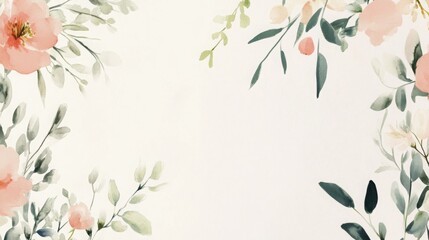 Poster - A beautifully arranged floral border showcases soft pink flowers and lush greenery against a light background, perfect for invitations or decorative purposes, adding a touch of elegance and charm.
