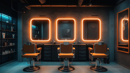 modern interior barbershop with stylish chairs and illuminated mirrors