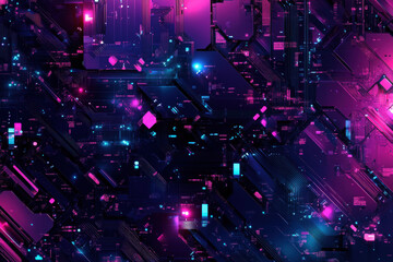 Poster - Vibrant abstract digital landscape with neon colors and intricate circuitry patterns glowing in a dark technology-inspired space. Generative AI