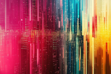 Poster - Colorful abstract digital visualization of sound waves and data streams flowing through a vibrant, futuristic landscape. Generative AI