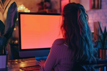 App display caucasian woman in her 20s in front of a computer with an entirely orange screen
