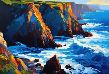 vibrant coastal cliffs dramatic waves creating striking seascape under bright blue skies during daytime, beach, coastline, shore, rocks, water, sky, clouds