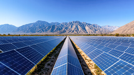 Canvas Print - Eco-Friendly Energy Solar Panel Field with Mountain Landscape