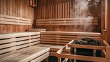 Traditional sauna interior with wooden benches and steam rising from heater