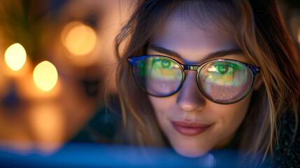 Beautiful young woman wearing glasses looking at laptop at night