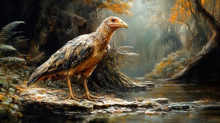 Poster - Prehistoric Bird in a Misty Forest: A Digital Painting