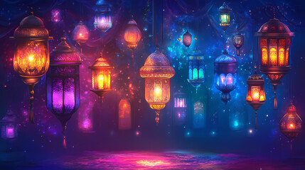 Islamic background - majestic arabian nights with ornate lanterns and mystical glows. Arabian Nights. Illustration