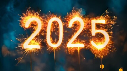 Poster - Four sparklers forming the number 2025 burning in the dark with bokeh lights in the background. Celebrate the new year with this bright and festive image