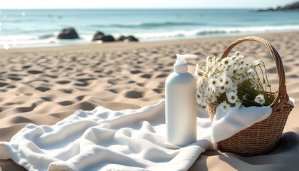 Beachside picnic with a blank pump bottle mockup on a colorful blanket under the sun