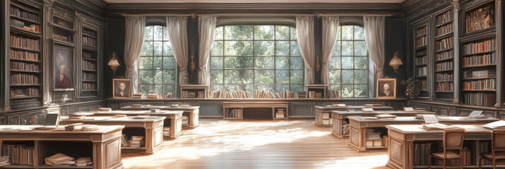 Poster - A sunlit library with rows of books and desks.