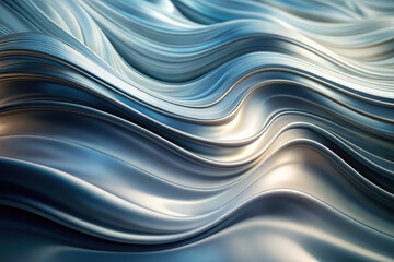 Poster - Captivating waves of shimmering silver flow gracefully, reflecting soft light in an abstract representation of fluid motion. Generative AI