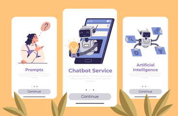 Three panels display a woman thinking about prompts, a chatbot emerging from a smartphone, and a robot managing various tasks. Ideal for tech, AI, chatbots, digital services, user assistance. Flat