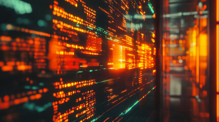 Poster - Dynamic digital data stream in a futuristic setting with glowing orange patterns reflecting technology