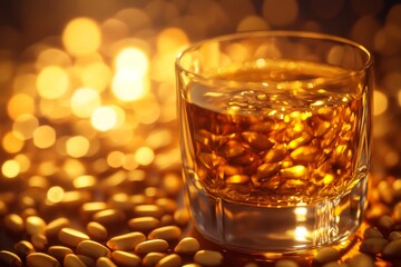 a close-up of a glass of quentã£o, with the pine nuts suspended in the amber liquid, illuminated by a warm golden light