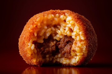 a close-up of a single arancini ball, cut in half to reveal the savory rice and meat filling, on a dark red background