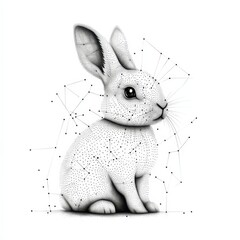 A simple black and white drawing of a rabbit with dots and lines.