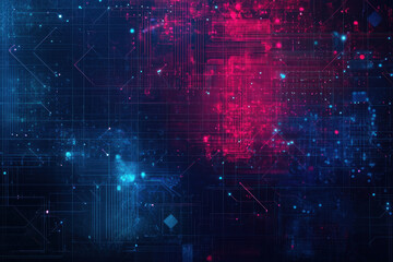 Poster - A vibrant blend of blue and red light revealing intricate digital patterns in a futuristic, abstract technology landscape at night. Generative AI