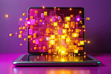 Poster - A vibrant digital display bursting with colorful data visualizations in a modern workspace at dusk. Generative AI