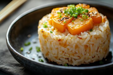 a close-up shot of a single serving of japanese mixed rice, with a perfectly cooked sweet potato chunk and a sprinkle of green onions on top