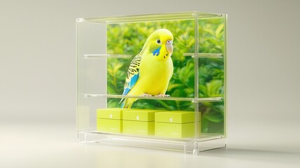 Sticker - Yellow Budgie Bird in a Glass Display Case.