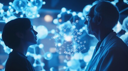 Aufkleber - A young woman and an older man engage in a meaningful discussion about molecular structures in a laboratory filled with glowing blue representations of scientific concepts.