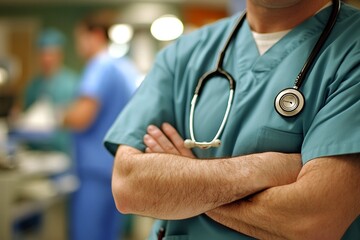 A close-up of a healthcare professional in scrubs with arms crossed and a stethoscope around their neck, with a blurred background of medical staff in a hospital or clinic setting. generative ai