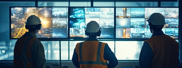 Poster - three workers monitor multiple screens in a control room during a night shift at an industrial facil
