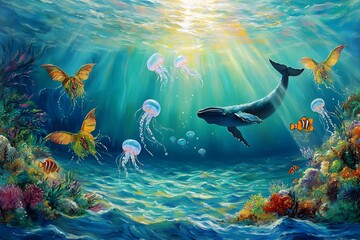 Poster - Serene blue green ocean depths with swirling schools of colorful angelfish dancing jellyfish and a gentle humpback whale in the distance as sunlight filters through the rolling waves   a dreamlike