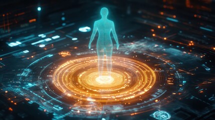 Poster - Virtual assistant hologram guiding through financial aid process, glowing interface, futuristic aid management concept 