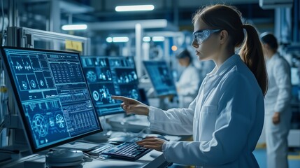 Poster - scientist analyzing data on computer screens in a modern laboratory during a research session