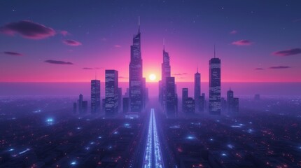 Wall Mural - A city skyline at sunset with skyscrapers silhouetted against a vibrant purple sky, reflecting sunlight and casting long shadows.