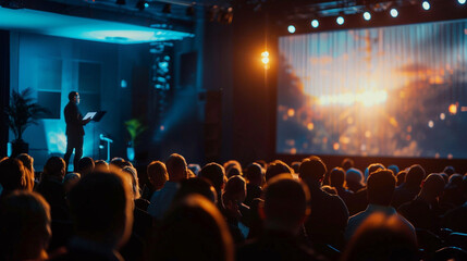 Blurry corporate event photo with a speaker on stage giving a presentation at a tech entrepreneur meeting copy space image