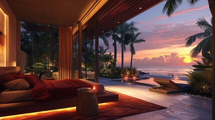 Poster - A bedroom with a large window overlooking a beach