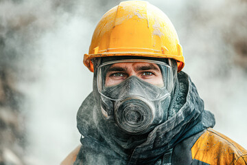 Poster - Industrious Worker in Yellow Helmet at Dusty Construction Site Concept of Manual Labor and Safety in Industry