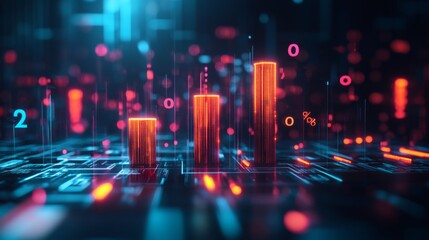 Fototapete - A 3D bar graph rising from a sleek, metallic surface, with glowing numbers and percentages floating around each bar, representing data growth in a corporate context