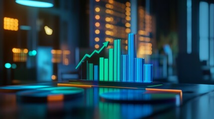 Poster - A 3D bar graph showcasing quarterly financial results, with blue and green bars rising on a sleek, modern financial dashboard with pie charts and arrows