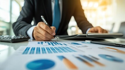 Poster - A professional analyzing financial data with graphs and charts on a desk.