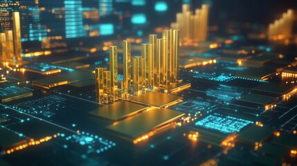 Fototapete - A 3D bar graph with gold bars emerging from a screen, symbolizing profit and revenue growth, with digital arrows and percentages indicating financial success