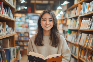 Sticker - A woman is smiling and holding a book in a library