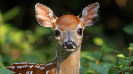 Wall Mural - young fawn with distinctive spots standing amidst greenery in a serene forest environment during day