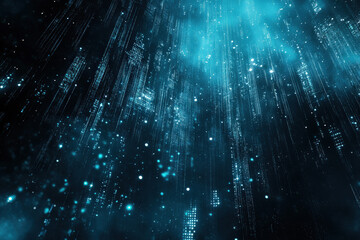 Poster - A cascade of shimmering blue lights and digital patterns illuminates the dark background, crafting an ethereal atmosphere. Generative AI