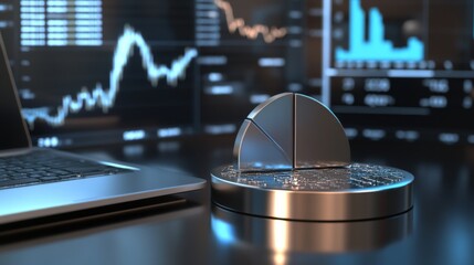 Leinwandbilder - A 3D financial pie chart with metallic segments, representing market share distribution, placed on a modern desk with a laptop displaying stock charts and analytics.