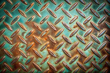 Wall Mural - Close-up view of rusty metal texture with diamond plate pattern