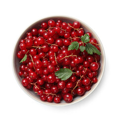 Wall Mural - Ripe red currants with green leaves in bowl isolated on white, top view