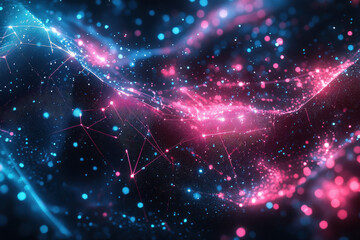 Poster - Vibrant energetic waves of blue and pink particles illuminating the cosmic landscape in a mesmerizing display of digital creativity. Generative AI